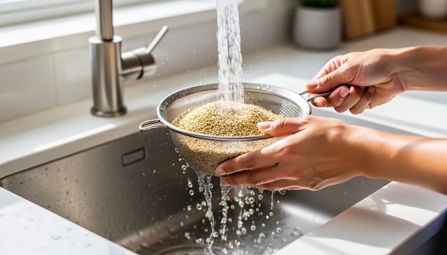 Fine-mesh strainer filled with rinsed quinoa over a sink beside a saucepan and lid