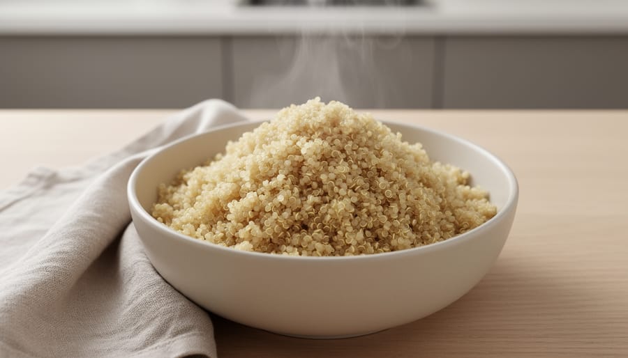 Fork lifting fluffy cooked quinoa grains with visible separate texture in a ceramic bowl