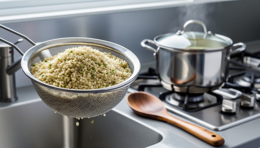 “Fine-mesh strainer filled with rinsed quinoa over a sink next to a saucepan on the stove with the lid nearby.”