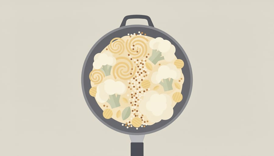 Skillet of single-pan cauliflower pasta with quinoa mixed in for added texture
