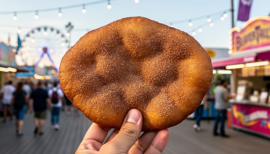 Close-up of a cinnamon sugar BeaverTails fried dough pastry