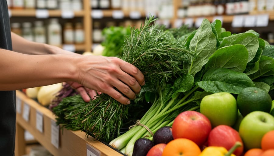 Close-up of hands placing fresh herbs into a reusable basket at an organic produce store