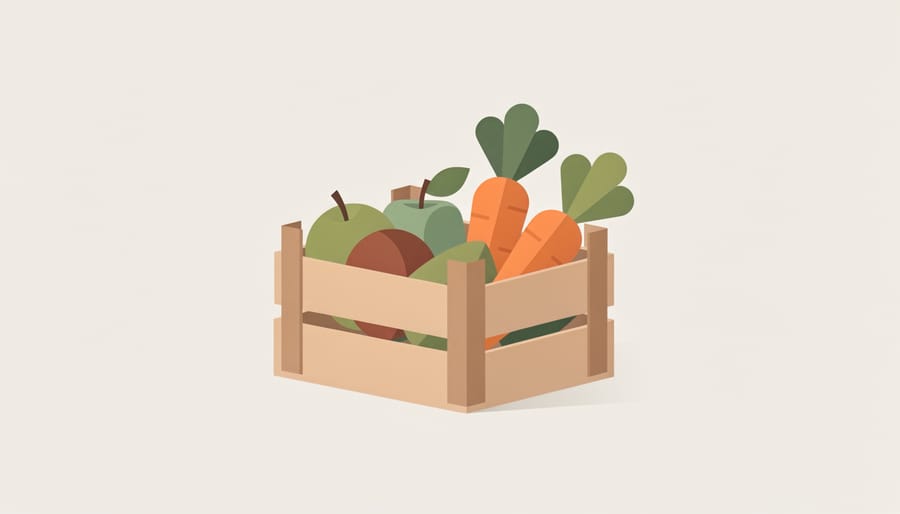 Seasonal vegetables arranged in a wooden crate at an organic produce store