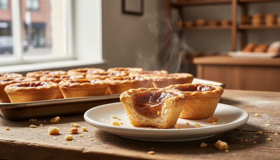 Butter tarts with gooey filling on a wooden board