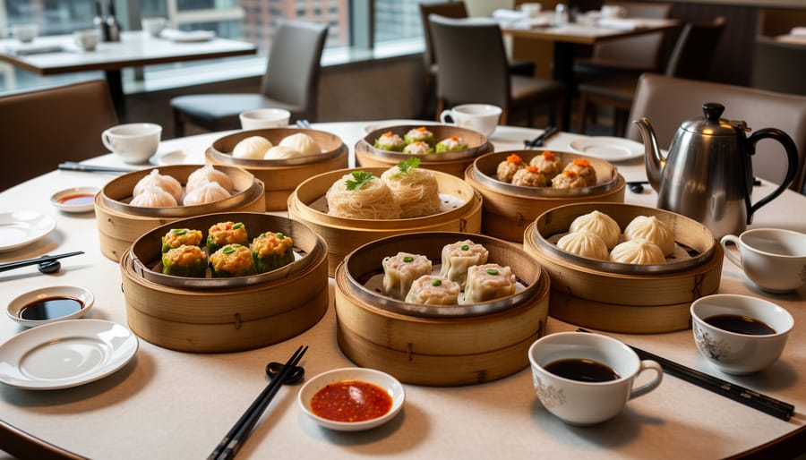 Dim sum dumplings in bamboo steamers on a table