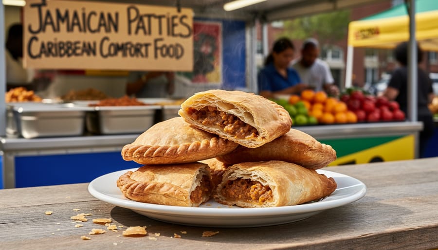 Golden flaky Jamaican beef patties on a tray