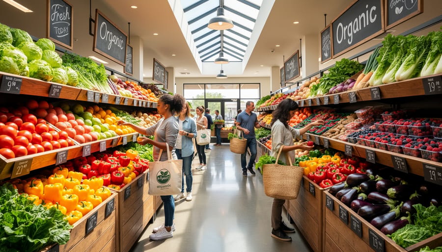 Shoppers browsing a Toronto organic grocery produce aisle with heirloom tomatoes, peppers, and leafy greens
