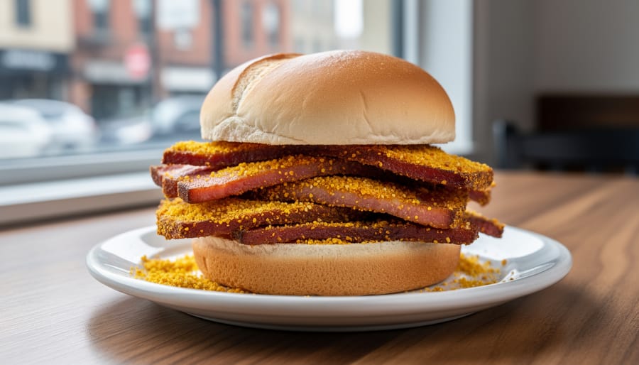 Close-up of a Toronto peameal bacon sandwich with cornmeal coating on a bun