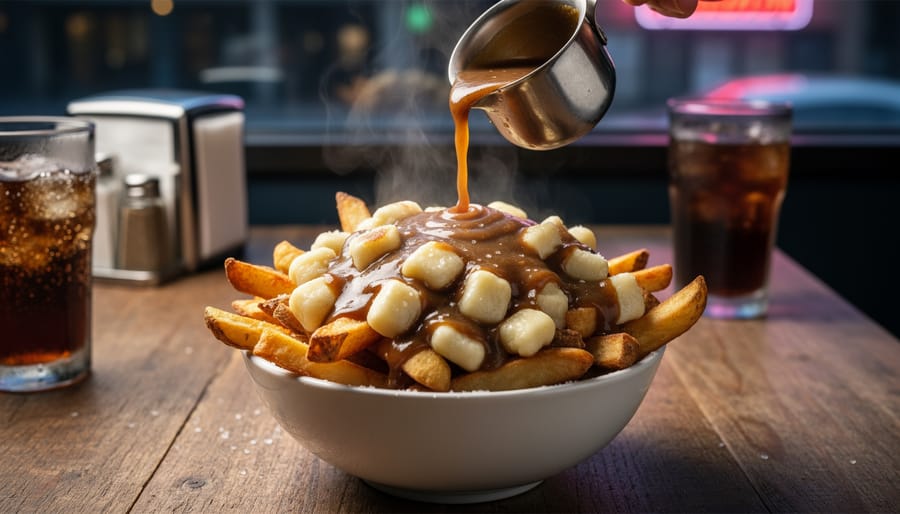 Close-up of poutine with fries, cheese curds, and brown gravy