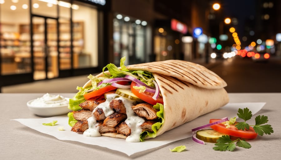 Shawarma wrap and toppings with visible garlic sauce