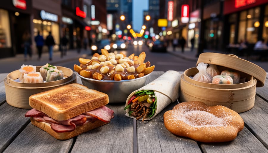 A Toronto street-food spread featuring peameal bacon sandwich, poutine, shawarma wrap, dim sum in bamboo steamers, and a sweet dessert, shot on an outdoor table at night.