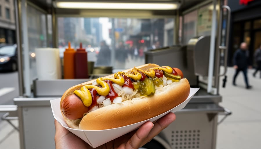 Toronto-style all-dressed hot dog with onions, relish, mustard, and ketchup