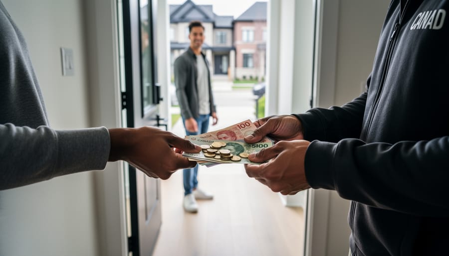 Hands exchanging cash for a sealed takeout container at a doorway