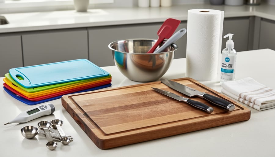 Food safety tools and clean packaging materials arranged on a kitchen table