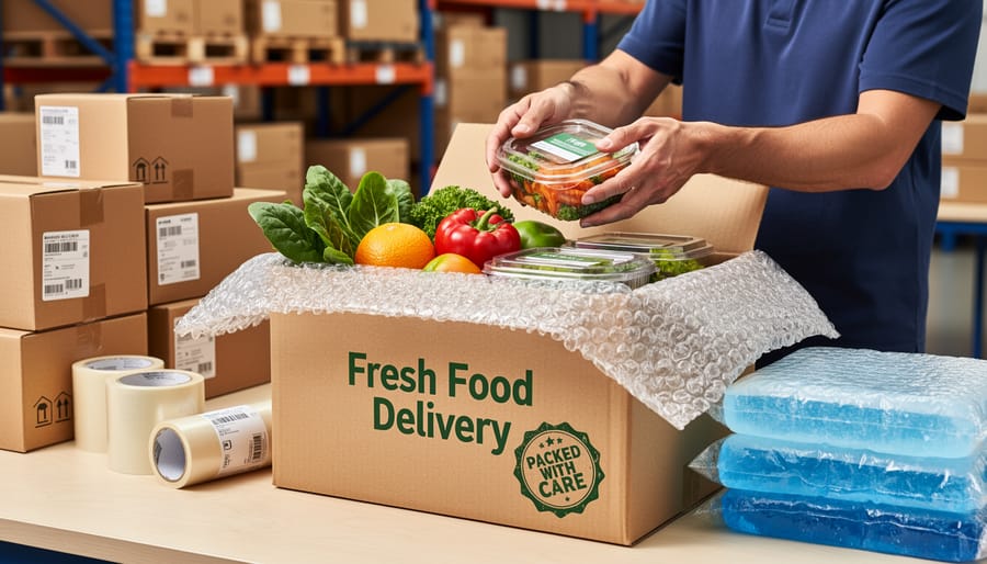 Hands packing a homemade food order into an insulated delivery bag and shipping box