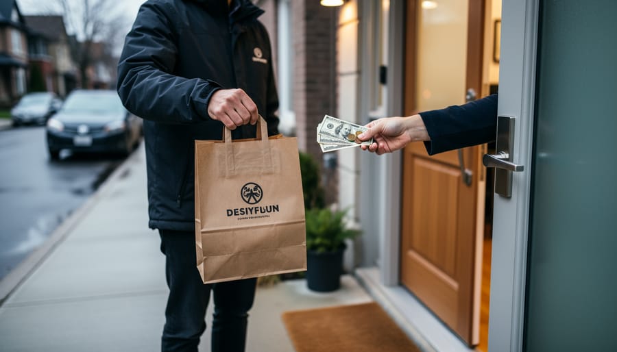 A food delivery courier at a Toronto front door accepting cash payment for a takeaway order.