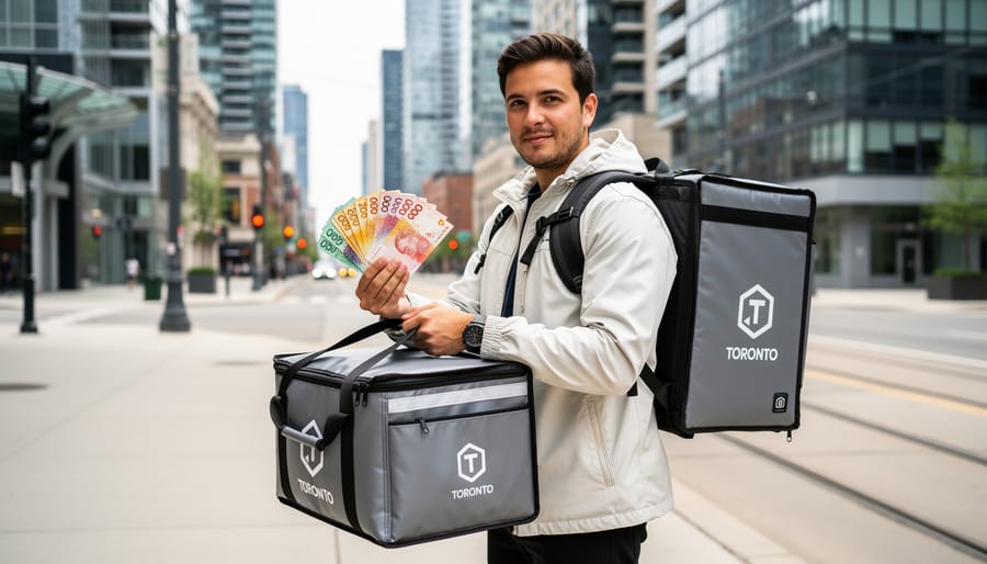 Courier holding an insulated food delivery bag and Canadian cash in Toronto