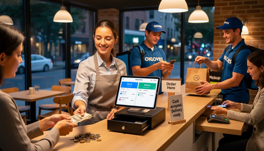 Restaurant counter with a cash tray and delivery supplies in a Toronto storefront