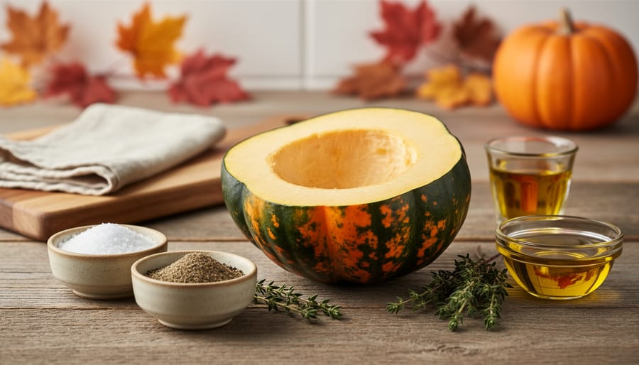 Acorn squash on a wooden cutting board with olive oil drizzle and salt beside it.
