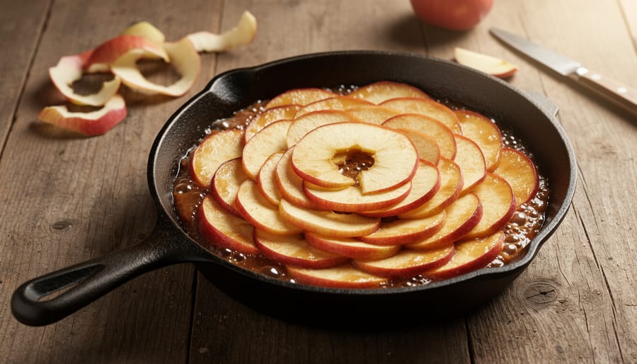 Apple slices being arranged in a cast-iron skillet over caramel