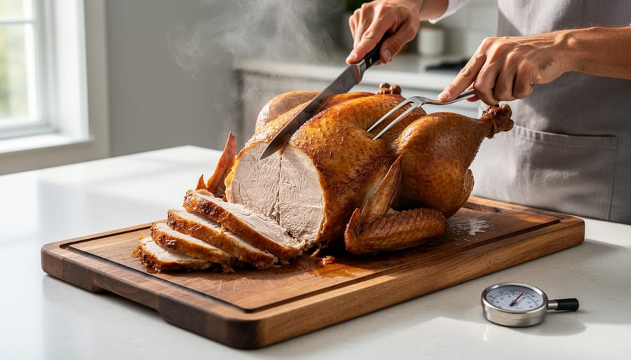 Carved roasted turkey on a cutting board with knife and fork, ready to serve at a holiday table.