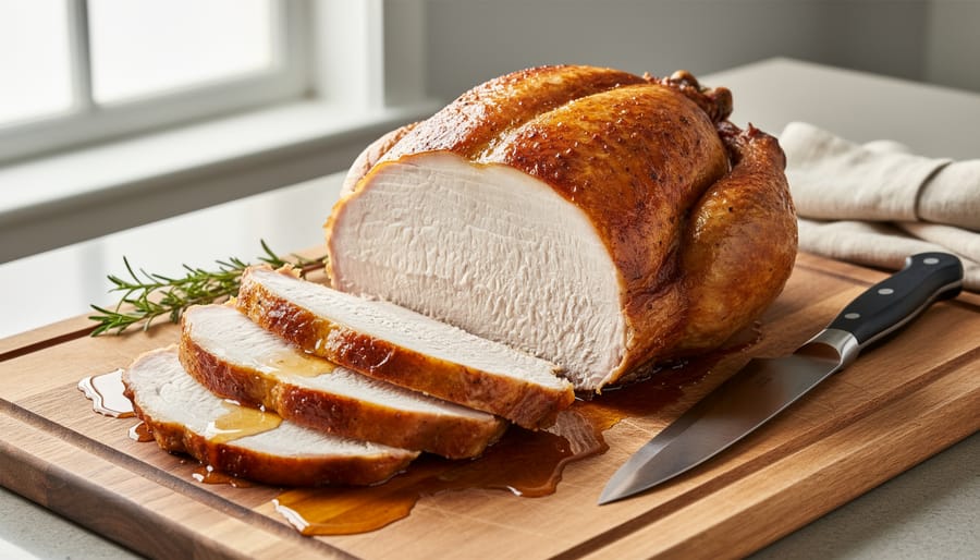 Carved turkey slices on a cutting board with loose foil nearby, captured during serving after resting.