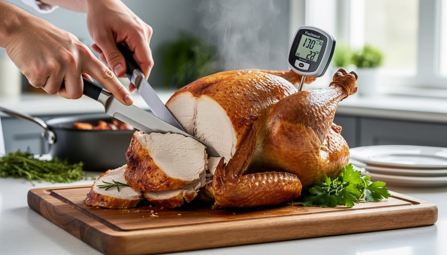 Carved roasted turkey on a wooden cutting board with warm, cozy holiday table setting in the background.