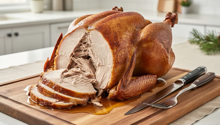 Carved unstuffed turkey slices with clear juices on a platter under soft natural light