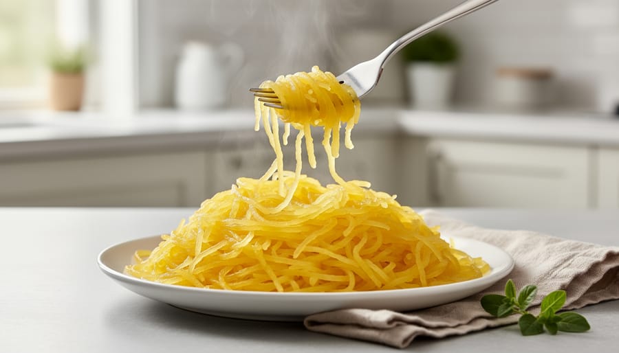 Fork-tender spaghetti squash strands on a plate with olive oil and Parmesan