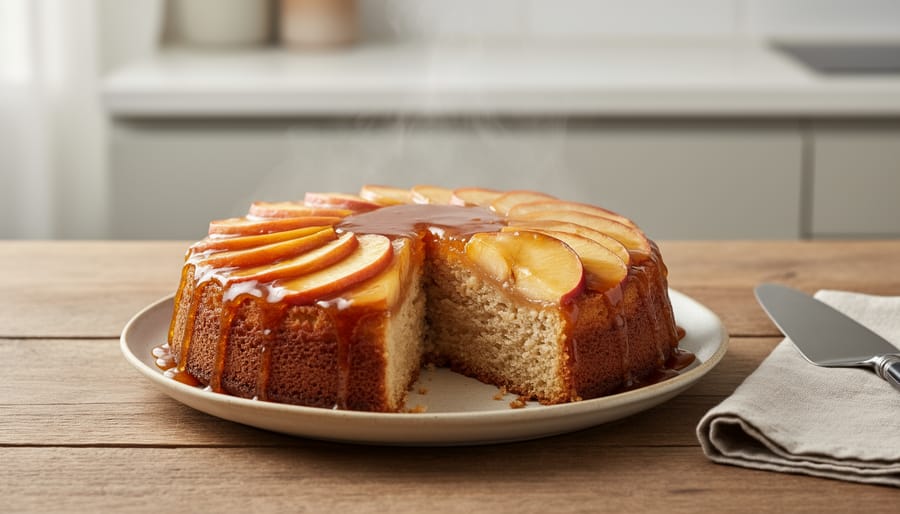 Upside-down apple cake plated with glossy caramel and visible apple slices