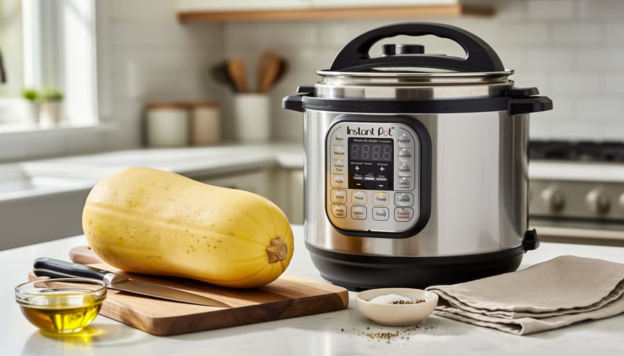 Instant Pot on a kitchen counter with a whole spaghetti squash nearby