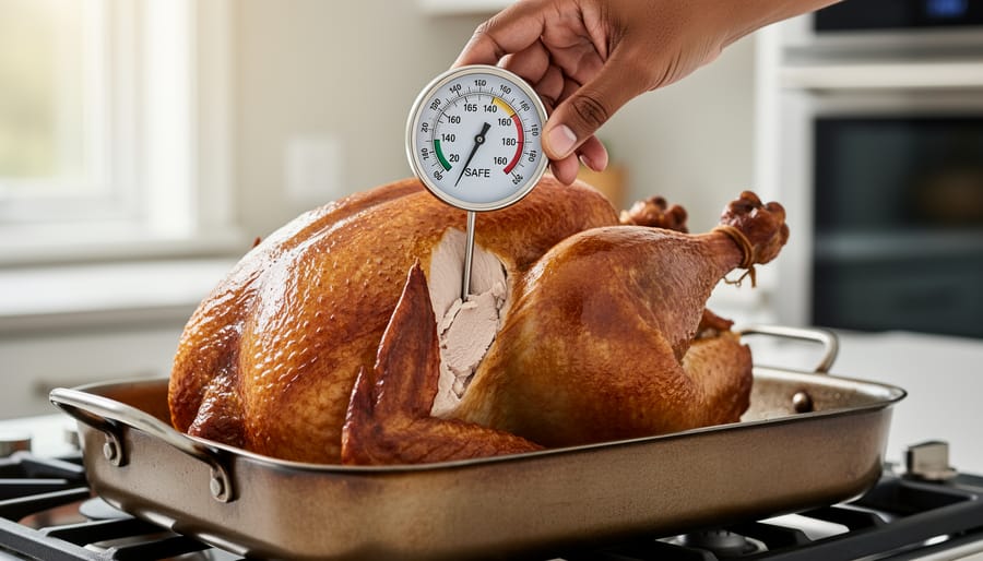 Meat thermometer inserted into a turkey breast on a roasting rack to show where to check internal temperature.
