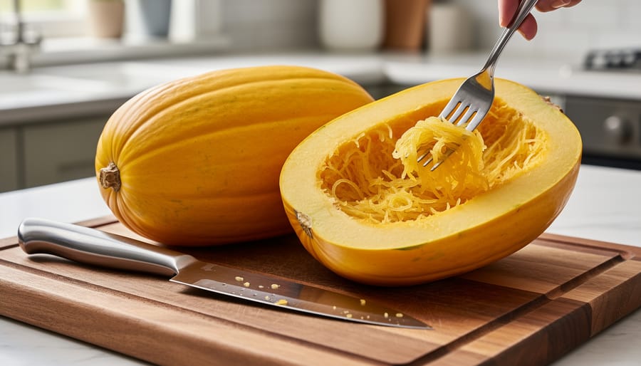 Whole and halved spaghetti squash on a wooden cutting board with a fork and chef’s knife nearby, showing golden strands.