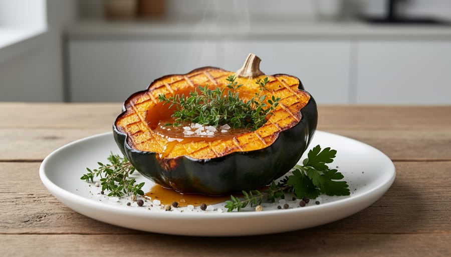 Roasted acorn squash on a plate with chopped herbs and a light maple drizzle.