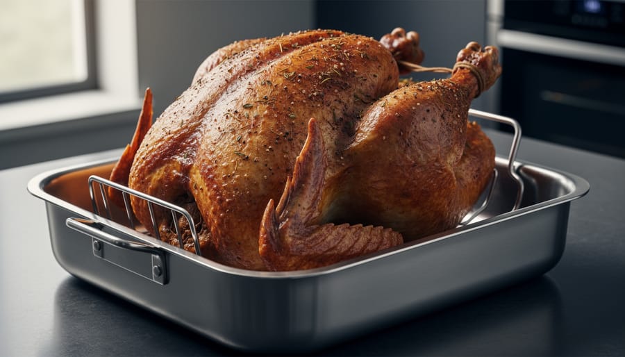 A whole turkey on a roasting rack inside a stainless steel roasting pan, ready to be placed in the oven for cooking.