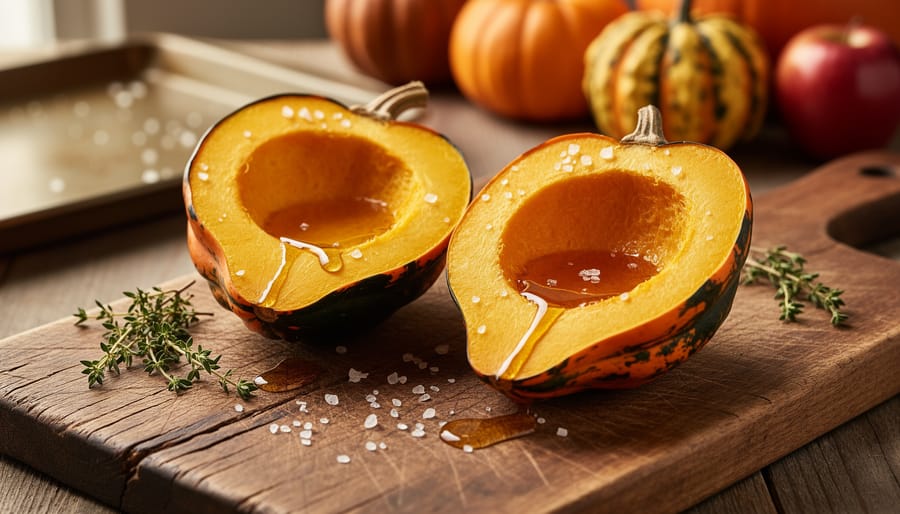 “Acorn squash halves on a wooden cutting board with olive oil drizzle, maple syrup, coarse salt, and thyme sprigs nearby.”