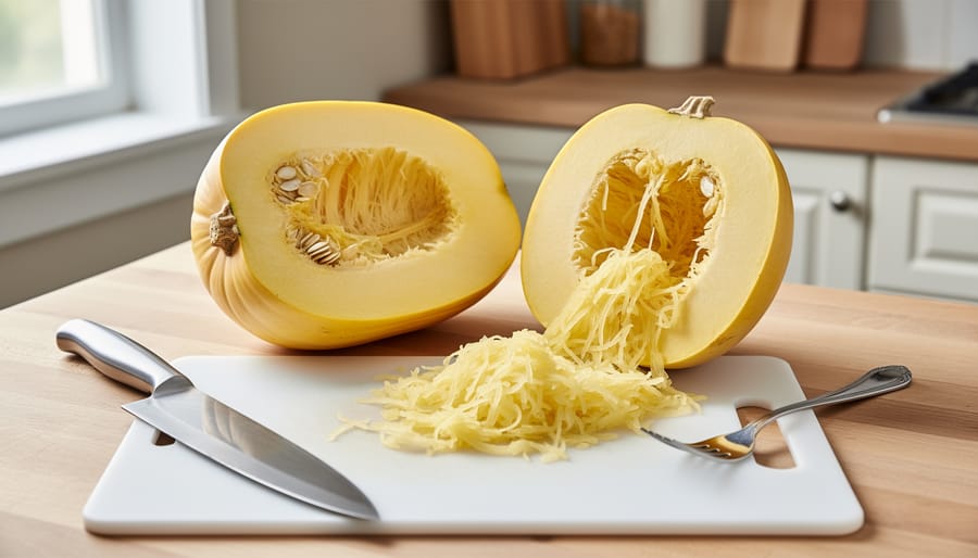 Whole and halved spaghetti squash on a wooden cutting board with a chef’s knife and fork