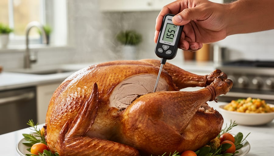 Digital meat thermometer measuring doneness in a turkey thigh.