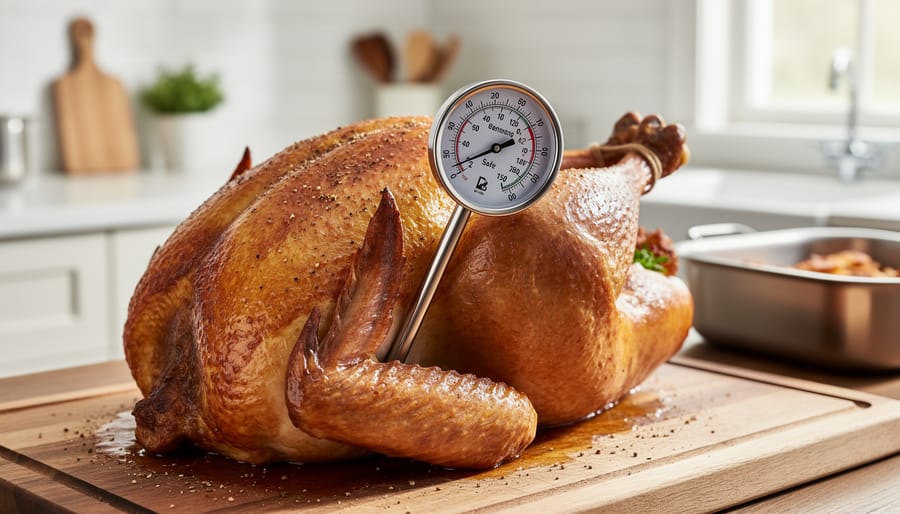 Close-up of an instant-read meat thermometer inserted into a roasted turkey for checking internal temperature.