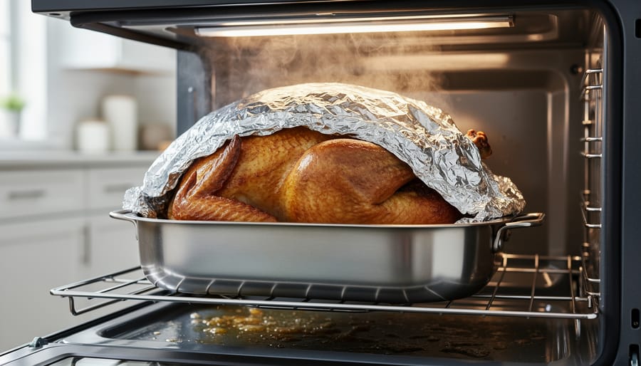 Roasting turkey in a pan with aluminum foil tented over the top inside the oven.