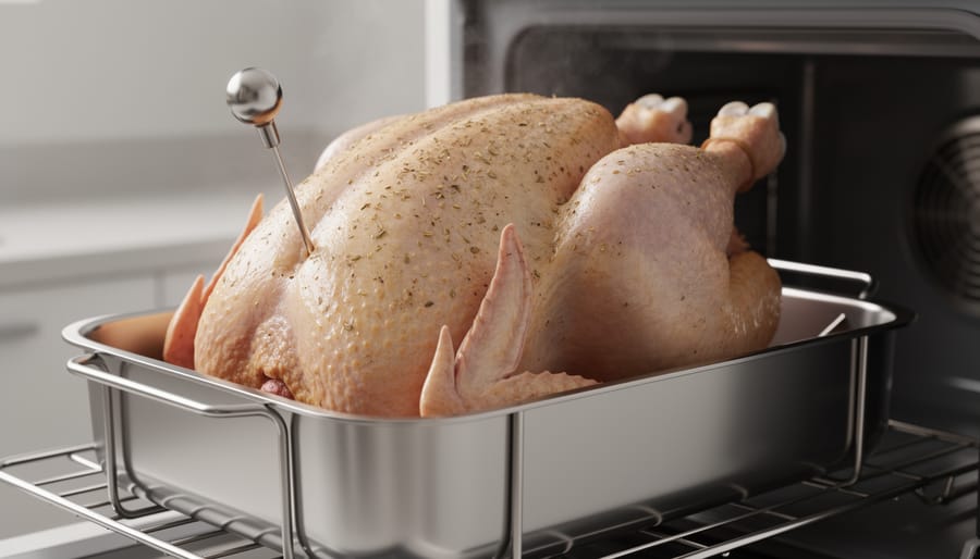 A turkey roasting on a rack with a meat thermometer inserted into the thickest part of the breast to check internal temperature.