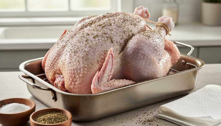 Chef’s hands seasoning a whole turkey on a roasting rack in a stainless roasting pan.