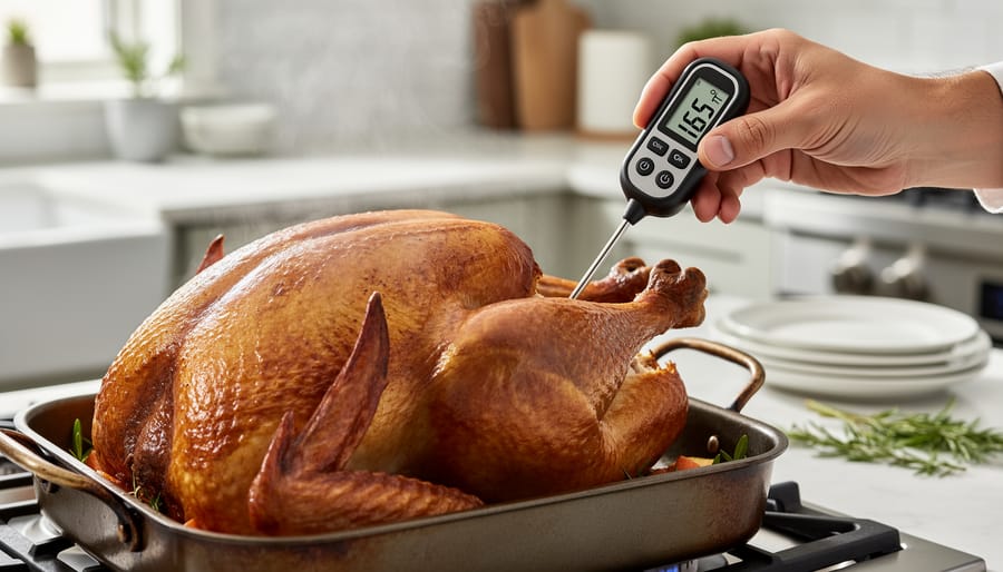 Digital thermometer probe inserted into the thickest part of the turkey thigh