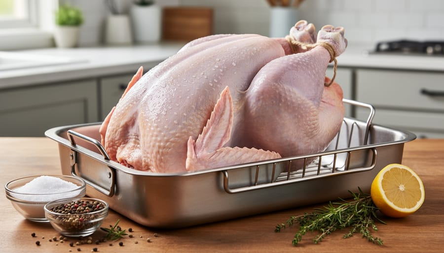 Unstuffed turkey on a roasting rack with a foil tent nearby in a kitchen