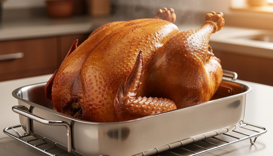 “Unstuffed turkey roasting on a rack in a stainless roasting pan, with golden skin visible in a close-up feature shot.”