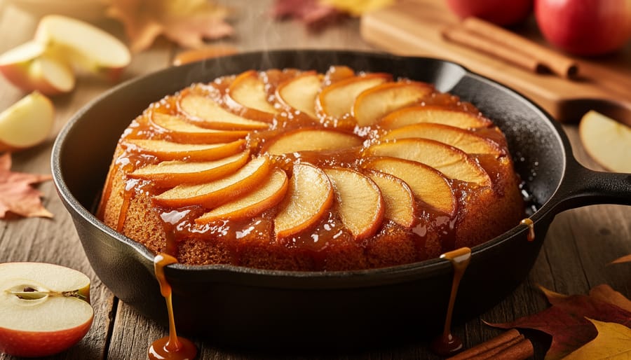 Upside-down apple cake in an oven-safe skillet with glossy caramelized apple slices arranged in a sunburst pattern on top.
