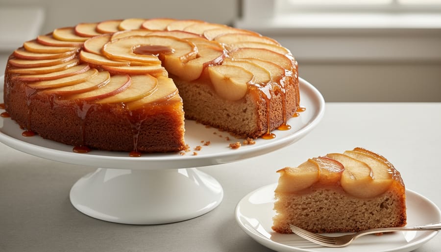 Upside-down apple cake on a wooden table showing caramel glaze and visible apple slices on top