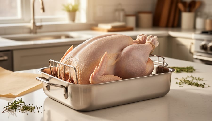 Raw whole turkey on a roasting rack in a stainless roasting pan on a kitchen countertop, photographed in soft natural daylight.