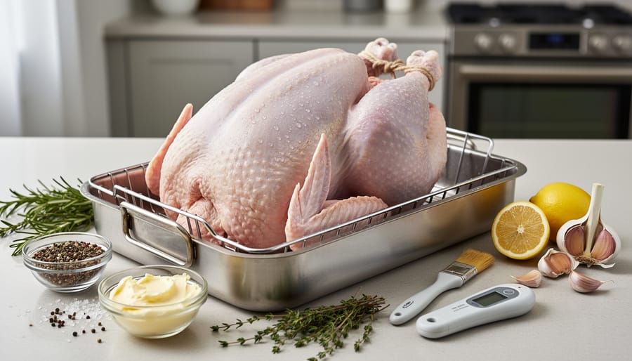 Raw whole turkey resting on a roasting rack in a stainless roasting pan on a kitchen countertop.